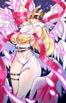  1girl angel_wings angewomon asymmetrical_clothes belt blonde_hair bodysuit breasts cleavage commentary covered_eyes cowboy_shot digimon digimon_adventure elbow_gloves english_commentary feathered_wings gloves hagoromo head_wings helmet highres kenron_toqueen large_breasts long_hair multiple_belts multiple_wings navel navel_cutout petals shawl single_elbow_glove single_pantsleg skin_tight smile solo thick_thighs thigh_strap thighs white_bodysuit white_gloves white_wings wings wrist_wings 