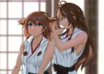  2girls ahoge bare_shoulders blue_eyes blush breasts brown_hair detached_sleeves double_bun echt eyebrows_visible_through_hair hair_between_eyes hair_ornament hairband headgear hiei_(kantai_collection) indoors japanese_clothes kantai_collection kongou_(kantai_collection) long_hair looking_at_viewer multiple_girls nontraditional_miko short_hair smile window 