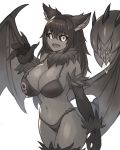  1girl :d animal_ear_fluff animal_ears bangs bare_shoulders bikini black_bikini black_fur black_hair black_sclera breasts claws commentary commission cowboy_shot dog_ears english_commentary eyebrows_visible_through_hair fusion grey_skin hair_between_eyes hand_up hellhound_(monster_girl_encyclopedia) highres large_breasts long_hair looking_at_viewer manticore_(monster_girl_encyclopedia) monster_girl monster_girl_encyclopedia navel open_mouth paws second-party_source simple_background smile solo sookmo swimsuit tail waving white_background wings 