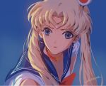  1girl bishoujo_senshi_sailor_moon blue_background blue_eyes blue_hair blue_sailor_collar bow bowtie choker circlet collared_shirt hair_intakes heart heart_choker long_hair looking_at_viewer open_mouth qianshuhao red_bow red_choker red_neckwear sailor_collar sailor_moon sailor_moon_redraw_challenge sailor_senshi_uniform sailor_shirt shirt signature simple_background sleeveless sleeveless_shirt solo twintails upper_body very_long_hair white_shirt 