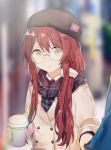  1girl bangs black_headwear blurry blurry_background coat cup eyebrows_visible_through_hair glasses gocoli hair_tie hat highres holding holding_cup idolmaster idolmaster_shiny_colors long_hair looking_at_viewer oosaki_tenka outdoors plaid plaid_scarf red_hair round_eyewear scarf solo yellow_eyes 