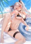  1girl ;q alternate_costume antenna_hair arm_support azur_lane bangs bare_shoulders beach bikini black_bikini black_choker black_ribbon blue_innertube blue_sky blush breasts brown_eyes choker cleavage cloud collarbone cross cross_earrings day earrings eyebrows_visible_through_hair eyes_visible_through_hair fingernails flag_print german_flag german_flag_bikini groin hair_between_eyes head_tilt highres horizon innertube jewelry large_breasts light_particles long_hair looking_at_viewer multicolored_hair nail_polish navel neco_meito no_mole ocean one_eye_closed outdoors palm_leaf pink_nails prinz_eugen_(azur_lane) prinz_eugen_(unfading_smile)_(azur_lane) red_hair ribbon sand side-tie_bikini silver_hair sitting skindentation sky smile solo stomach streaked_hair swimsuit thigh_strap thighs toenail_polish tongue tongue_out two_side_up underboob untied untied_bikini very_long_hair water 