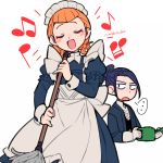  1boy 1girl annette_fantine_dominic artist_name black_hair butler closed_eyes do_m_kaeru felix_hugo_fraldarius fire_emblem fire_emblem:_three_houses holding holding_mop holding_watering_can long_sleeves maid maid_headdress mop musical_note open_mouth orange_hair simple_background twintails watering_can white_background 
