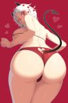  1girl ass ass_focus bikini bikini_top breasts commentary_request demon_girl demon_tail heart heart-shaped_pupils heart_cutout helltaker highres horns large_breasts looking_at_viewer looking_back modeus_(helltaker) red_background red_bikini red_eyes samegami short_hair solo swimsuit symbol-shaped_pupils tail tail_cutout thick_thighs thighs white_hair 