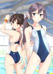  2girls akebono_(kantai_collection) alternate_costume arm_behind_back ass bell blurry brown_eyes brown_hair clock commentary_request competition_swimsuit contrapposto cowboy_shot depth_of_field flower grin hair_bell hair_between_eyes hair_flower hair_ornament hair_ribbon highres indoors jingle_bell kantai_collection lane_line long_hair looking_at_viewer multiple_girls one-piece_swimsuit pool purple_eyes purple_hair ribbon side_ponytail smile standing swimsuit takafumi third-party_source tone_(kantai_collection) twintails two-tone_swimsuit very_long_hair white_ribbon 