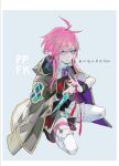  1girl blue_eyes dagger flat_chest high_collar holding holding_dagger holding_weapon jacket_on_shoulders kugureha nishihara_isao pink_hair pixiv_fantasia pixiv_fantasia_fallen_kings pointy_ears short_hair_with_long_locks sidelocks sock_garters solo thighhighs weapon 