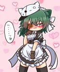  1girl @_@ alternate_costume anger_vein animal_ear_fluff animal_ears animal_hat apron asimo953 back_bow bangs black_legwear blush bow breasts brown_gloves cat_ears cat_hat commentary_request cowboy_shot dress embarrassed enmaided eyebrows_visible_through_hair eyepatch frilled_apron frilled_dress frills gloves green_eyes green_hair hair_between_eyes hat heart heart_background highres kantai_collection kemonomimi_mode kiso_(kantai_collection) maid maid_apron maid_dress maid_headdress medium_breasts medium_hair nose_blush pink_background puffy_short_sleeves puffy_sleeves remodel_(kantai_collection) short_sleeves sidelocks solo speech_bubble standing sweatdrop thighhighs white_apron white_bow zettai_ryouiki 