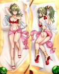  1girl absurdres artist_name ass bikini breasts butt_crack cleavage collarbone dakimakura fire_emblem fire_emblem_awakening fire_emblem_heroes food fruit green_eyes green_hair hand_on_own_chest high_heels highres long_hair looking_back lying manakete multiple_views pink_sarong pointy_ears ponytail red_bikini sarong solo swimsuit tiara tiki_(fire_emblem) vilde_loh_hocen watermelon 