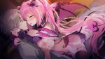  anneliese blush breast_grab breasts censored demon game_cg gray_hair hug kimagure_temptation kimishima_ao long_hair male navel nipples penis pink_hair pussy see_through sekai_project sex short_hair silkys_plus succubus tail thighhighs twintails wings 