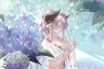  1girl bikini blush breasts cleavage closed_eyes commentary_request day draph flower granblue_fantasy hair_ornament hair_over_one_eye horns large_breasts lips long_hair narmaya_(granblue_fantasy) official_art outdoors pointy_ears see-through smile solo swimsuit upper_body wet wet_hair white_bikini 