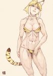 1girl abs animal_ears animal_print arm_at_side artist_logo biceps bikini bikini_pull black_hair blonde_hair blue_eyes breasts cat_girl check_commentary collarbone commentary_request extra_ears head_tilt highres kemono_friends kishida_shiki lips medium_breasts multicolored_hair muscle muscular_female navel parted_lips platinum_blonde_hair print_bikini pulled_by_self ribs short_hair sidelocks simple_background slit_pupils smilodon_(kemono_friends) solo stomach swimsuit tail veins yellow_background 