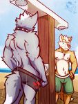  3:4 beach canid canine canis clothed clothing collar duo fox fox_mccloud hi_res male mammal nintendo nipples sea seaside shower star_fox swimwear topless ventkazemaru video_games water whiskers wolf wolf_o&#039;donnell 