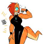  absurd_res anthro argonian audrey bethesda_softworks biceps blue_sclera clothing dress female flexing hair herny hi_res muscular muscular_female orange_body orange_scales red_hair scales scalie scar simple_background solo the_elder_scrolls video_games white_background 