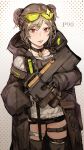  1girl brown_hair collarbone commentary eyewear_on_head girls_frontline glasses gloves gun highres hiranko hood hoodie long_sleeves neck_ribbon p90_(girls_frontline) red_eyes ribbon short_hair tactical_clothes thigh_strap thighs tongue tongue_out weapon 