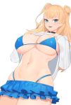  1girl asymmetrical_hair bikini black_choker blue_bikini blue_eyes blue_skirt breasts choker clothes_lift covered_nipples curvy frilled_skirt frills galko gyaru heart heart_choker highres huge_breasts jam_(nandade) legs_together lifted_by_self lowleg_skirt one_side_up oshiete!_galko-chan ribbed_sweater scrunchie side_bun skindentation skirt sleeves_past_wrists smile solo sweater sweater_lift swimsuit thick_thighs thighs underboob white_sweater 