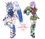  2girls blue_hair clenched_hand copyright_name covered_navel covered_nipples cowlick dated eyebrows_visible_through_hair green_eyes grey_hair gundam gundam_0080 gundam_alex hair_over_eyes highres mecha_musume michi_kuso multiple_girls one_eye_covered open_hand personification red_eyes shield thighhighs v-fin white_background zaku_ii zettai_ryouiki 