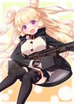  1girl :d bangs black_jacket black_legwear black_skirt blonde_hair blush breasts commentary_request double_bun eyebrows_visible_through_hair girls_frontline gloves grey_gloves gun haradaiko_(arata_himeko) highres hk23 hk23_(girls_frontline) holding holding_gun holding_weapon jacket large_breasts long_hair long_sleeves looking_at_viewer machine_gun object_namesake open_clothes open_jacket open_mouth pleated_skirt purple_eyes skirt sleeves_past_wrists smile solo thighhighs two_side_up very_long_hair weapon white_cardigan 