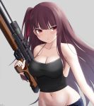  1girl armpit_crease bare_arms bare_shoulders black_shirt breasts bullpup camisole cleavage collarbone commentary crop_top denim frown girls_frontline groin gun hair_ribbon halter_top halterneck highres holding holding_gun holding_weapon keenh large_breasts long_hair midriff navel object_namesake one_side_up purple_hair red_eyes ribbon rifle scope shirt sleeveless sleeveless_shirt sniper_rifle solo spaghetti_strap stomach strap_gap trigger_discipline upper_body v-shaped_eyebrows wa2000_(girls_frontline) walther walther_wa_2000 weapon 