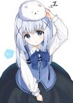  1girl absurdres angora_rabbit animal_on_head arm_up bangs black_skirt blue_eyes blue_neckwear blush bow bowtie bunny closed_mouth collared_shirt commentary_request eyebrows_visible_through_hair eyelashes gochuumon_wa_usagi_desu_ka? hair_between_eyes hair_ornament highres kafuu_chino long_hair long_sleeves looking_at_viewer looking_up on_head shirt skirt tippy_(gochiusa) white_shirt x_hair_ornament zumi6 zzz 