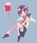  1girl angel_wings bandaid bare_legs black_footwear black_hair blood blood_bag blue_background blue_sailor_collar blue_skirt commentary expressionless eyebrows_visible_through_hair flat_chest floating full_body fuura_kafuka hair_ornament halo hands_up heart highres intravenous_drip knees_together_feet_apart long_sleeves looking_to_the_side loose_socks neckerchief no_nose o-u open_mouth pink_eyes pleated_skirt red_neckwear sailor_collar sayonara_zetsubou_sensei shaded_face shiny shiny_hair shirt short_hair simple_background skirt socks solo spoilers very_short_hair white_legwear white_shirt wings x_hair_ornament 