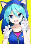  1girl aqua_eyes aqua_hair bare_shoulders blue_jacket claw_pose collarbone commentary cosplay fang gloves hatsune_miku headset hedgehog_ears highres hood hoodie jacket jewelry looking_at_viewer microphone open_mouth ring sleeveless sleeveless_jacket smile solo sonic sonic_(cosplay) sonic_the_hedgehog takepon1123 upper_body v-shaped_eyebrows vocaloid white_gloves yellow_background zipper_pull_tab 