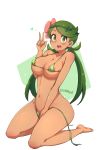  1girl areola_slip areolae bangs bare_shoulders barefoot between_legs bikini blush breasts cleavage covered_nipples dark_skin green_background green_bikini green_eyes green_hair hand_between_legs heart highres large_breasts long_hair looking_at_viewer low_twintails mao_(pokemon) micro_bikini navel open_mouth pokemon pokemon_(game) pokemon_sm robert_m round_teeth smile solo string_bikini swept_bangs swimsuit teeth thighs tongue twintails twitter_username underboob untied untied_bikini upper_teeth w white_background 