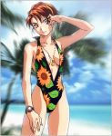  1990s_(style) 1girl arm_up beach casual_one-piece_swimsuit center_opening cowboy_shot day floral_print hairband halterneck jewelry light_smile looking_at_viewer lowres necklace official_art one-piece_swimsuit outdoors photo_background red_eyes red_hair short_hair solo swimsuit takiguchi_shouko watch wristwatch yamada_masaki zenkoku_seifuku_bishoujo_grand_prix 