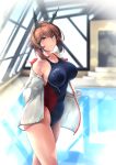  1girl bangs breasts brown_hair clothes_writing competition_swimsuit eyebrows_visible_through_hair gloves hassen_(8cm) headgear indoors jacket kantai_collection large_breasts long_sleeves mutsu_(kantai_collection) off_shoulder one-piece_swimsuit open_clothes open_jacket pool poolside rei_no_pool short_hair smile solo swimsuit white_gloves yellow_eyes 