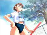  1990s_(style) 1girl baton blue_buruma buruma cowboy_shot day gym_uniform hairband hand_on_hip holding numbered official_art outdoors red_eyes red_hair short_hair short_sleeves smile solo takiguchi_shouko yamada_masaki zenkoku_seifuku_bishoujo_grand_prix 