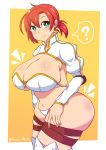  1girl ? ass blue_eyes boudica_(fate/grand_order) breasts commentary_request fate/grand_order fate_(series) huge_ass huge_breasts kyouran_souryuu looking_at_viewer navel red_hair skindentation smile solo spoken_question_mark thigh_strap thighhighs white_legwear yellow_background 