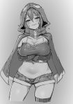  1girl akitaka_takaaki arms_under_breasts blush breasts cape cleavage commentary_request crossed_arms facial_scar girls_frontline gloves greyscale grin highres hood hooded_cape ks-23_(girls_frontline) large_breasts looking_at_viewer midriff monochrome navel open_clothes open_fly open_shorts scar scar_on_cheek sharp_teeth short_shorts shorts smile solo teeth thigh_strap 