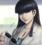  1girl black_hair blue_eyes collarbone commentary earrings english_commentary eyewear_removed formal highres jewelry kanuka_clancy kidou_keisatsu_patlabor light_smile lips long_hair looking_to_the_side okai smile solo suit sunglasses white_suit 