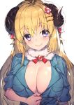  1girl bangs blonde_hair blue_shirt blush breasts brooch cleavage closed_mouth commentary curled_horns eyebrows_visible_through_hair hair_ornament hololive horns jewelry kuso_miso_technique large_breasts long_hair looking_at_viewer parody purple_eyes redcomet revision sheep_girl sheep_horns shirt simple_background sleeves_rolled_up smile tsunomaki_watame upper_body virtual_youtuber white_background wool yaranaika 