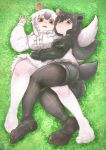  2girls absurdres animal_ears anteater_ears anteater_tail arm_around_waist ass between_legs black_hair black_legwear brown_eyes center_frills closed_mouth day dress extra_ears eyebrows_visible_through_hair feet frills full_body furrowed_eyebrows grass hands_up highres hug kemono_friends knee_up komeiponkiti legwear_under_shorts long_hair long_sleeves looking_at_viewer lying malayan_tapir_(kemono_friends) multicolored_hair multiple_girls no_shoes on_back on_side open_mouth outdoors pantyhose short_dress short_hair shorts sidelocks soles southern_tamandua_(kemono_friends) sweater tail tail_through_clothes tamandua_ears tamandua_tail tapir_ears tapir_tail toes two-tone_hair white_hair white_legwear 