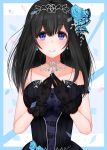  1girl black_dress black_gloves black_hair blue_border blue_eyes blue_flower blue_ribbon blue_rose blush border breasts cleavage commentary_request dress earrings eyebrows_visible_through_hair flower flower_earrings gloves hair_between_eyes hair_flower hair_ornament hair_ribbon hands_together highres idolmaster idolmaster_cinderella_girls jewelry large_breasts long_hair ribbon rose rose_earrings sagisawa_fumika sekia998 sleeveless sleeveless_dress smile solo strapless strapless_dress tiara upper_body 