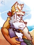  3:4 anthro beach blush canid canine canis clothed clothing collar duo fox fox_mccloud hi_res male mammal neckerchief nintendo nipples seaside star_fox topless ventkazemaru video_games whiskers wolf wolf_o&#039;donnell 