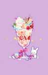  ._. :d absurdres animal blue_flower bow bunny candy candy_wrapper cat cream danby_merong flower food fruit heart highres huge_filesize in_food open_mouth original parfait pocky purple_background red_bow simple_background smile standing star_(symbol) strawberry wafer_stick 