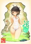  1girl animal black_hair blush breasts brown_eyes commentary_request covering hair_up hitodama holding holding_towel looking_at_viewer macaque momohime monkey nude nude_cover oboro_muramasa onsen rock saitou_masatsugu small_breasts steam towel wading water wet white_towel wide_hips 