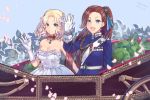  2girls :d artist_name bangs bare_shoulders blonde_hair blue_background blue_bow blue_eyes bow braid brooch cake_no_shaberu car dated day dress frilled_dress frills ground_vehicle hair_bow highres jewelry katarina_claes lettuce long_hair long_sleeves maria_campbell medal military military_uniform motor_vehicle multiple_girls open_mouth otome_game_no_hametsu_flag_shika_nai_akuyaku_reijou_ni_tensei_shite_shimatta outdoors parted_bangs ponytail smile spring_onion uniform veil very_long_hair waving white_dress yuri 