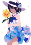  1girl absurdres achiki bangs bare_arms bare_shoulders black_hair blue_bow blue_eyes bow breasts cloud_print collarbone dress flower hat hat_bow highres holding holding_flower looking_at_viewer original petals print_dress relic_(artbook) short_hair simple_background sky_print sleeveless sleeveless_dress small_breasts smile solo standing sun_hat sunflower wind 