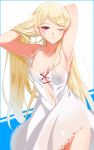  1girl armpits arms_behind_head bakemonogatari bangs bare_shoulders blonde_hair blue_background breasts collarbone commentary_request dress eyebrows_visible_through_hair highres kiss-shot_acerola-orion_heart-under-blade large_breasts long_hair looking_at_viewer medium_breasts monogatari_(series) navel one_eye_closed oshino_shinobu pointy_ears simple_background solo two-tone_background very_long_hair white_background white_dress yellow_eyes youdt 