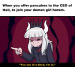  adult_swim business_suit cartoon_network clothing crown demon dialogue droll3 english_text female gesture hair helltaker hi_res horn human lucifer_(helltaker) mammal meme pointing red_eyes rick_and_morty silver_hair simple_background smug solo suit text you_son_of_a_bitch! 