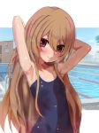  1girl aisaka_taiga armpits arms_behind_head bare_shoulders blue_swimsuit brown_eyes brown_hair closed_mouth collarbone commentary_request hair_between_eyes highres long_hair looking_at_viewer outdoors pool school_swimsuit solo sweat swimsuit tomodachi_(tomofanart) toradora! upper_body water 