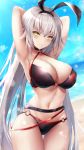  1girl 3: absurdres ahoge animal_ears armpits arms_behind_head arms_up bare_arms bare_shoulders beach belt bikini black_bikini breasts bunny_ears choker cleavage cowboy_shot day fake_animal_ears fate/grand_order fate_(series) frown groin hairband halter_top halterneck highres jeanne_d&#039;arc_(alter_swimsuit_berserker) jeanne_d&#039;arc_(fate)_(all) kisaki_oni large_breasts long_hair looking_at_viewer navel o-ring o-ring_bikini outdoors silver_hair solo standing stomach strap sunlight swimsuit thigh_gap thighs v-shaped_eyebrows very_long_hair wet yellow_eyes 