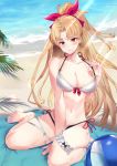  1girl alan_(hfmr2278) ball bangs bare_shoulders beach beachball bikini blonde_hair blush bow breasts cleavage closed_mouth collarbone earrings ereshkigal_(fate/grand_order) fate/grand_order fate_(series) hair_bow highres jewelry large_breasts leg_garter light_rays long_hair looking_at_viewer ocean parted_bangs pink_bow ponytail red_eyes sitting sunlight swimsuit thighs wariza white_bikini 