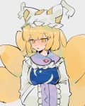  1girl blonde_hair blush breast_hold breasts commentary_request dated full-face_blush gotoh510 grey_background hands_together hat highres medium_hair multiple_tails pillow_hat simple_background solo sweat tail touhou upper_body wide_sleeves yakumo_ran yellow_eyes 