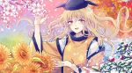  1girl autumn_leaves black_headwear blonde_hair cherry_blossoms eyebrows_visible_through_hair flower hat leaf long_hair looking_at_viewer matara_okina open_mouth petals rose seasons smile snow solo sunflower tabard touhou upper_body uranaishi_(miraura) yellow_eyes 