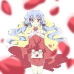  1girl artist_name beyblade beyblade:_burst blue_hair breasts chankyone character_name closed_mouth dress happy heart highres legs long_dress long_hair nishiro_nya open_eyes petals purple_eyes red_dress rose_petals short_twintails simple_background small_breasts smile twintails 