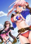 2girls absurdres american_flag_bikini arm_garter artist_request asymmetrical_hair bikini blue_eyes blue_swimsuit blush breasts brown_hair bun_cover cleavage commentary commentary_request eyebrows_visible_through_hair fate/grand_order fate_(series) fingerless_gloves flag_print gloves goggles goggles_on_head gradient_hair hair_bun highres holstered_weapon large_breasts long_hair low_twintails miyamoto_musashi_(fate/grand_order) miyamoto_musashi_(swimsuit_berserker)_(fate) multi-strapped_bikini multicolored_hair multiple_girls navel ocean open_mouth osakabe-hime_(fate/grand_order) osakabe-hime_(swimsuit_archer)_(fate) outdoors pink_bikini pink_hair pink_scarf print_swimsuit scarf sideboob single_hair_intake single_sidelock ski_goggles swimsuit twintails two-tone_swimsuit underboob very_long_hair 