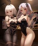  3girls absurdres alcohol animal_ears arms_behind_back azur_lane bar bare_shoulders bdsm black_leotard blonde_hair bondage bound bow bowtie breast_bondage breasts brown_legwear bunny_ears bunny_girl bunnysuit cleavage cross cross_hair_ornament detached_collar entangled eyebrows_visible_through_hair fake_animal_ears finger_to_mouth gag hair_between_eyes hair_ornament highleg highleg_leotard highres holding iron_cross jeanne_d&#039;arc_(azur_lane) large_breasts leotard long_hair looking_at_viewer mimori_(etnp8853) multiple_girls pantyhose playboy_bunny_leotard poster_(object) prinz_eugen_(azur_lane) restrained rope sex_toy shibari shibari_over_clothes short_hair sirius_(azur_lane) skindentation sleeveless strapless strapless_leotard thighband_pantyhose tied_up twintails white_hair 